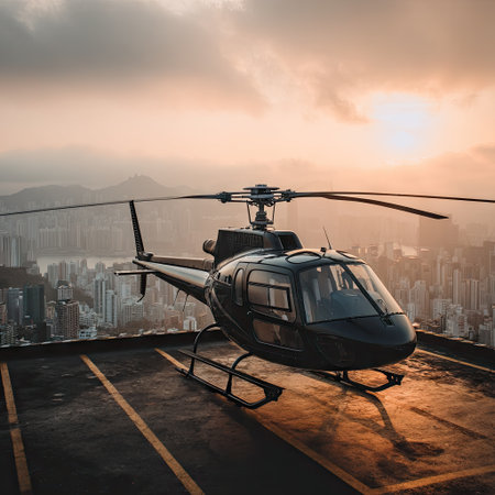Helicopter on a rooftop helipad with city skyline at sunsetの素材