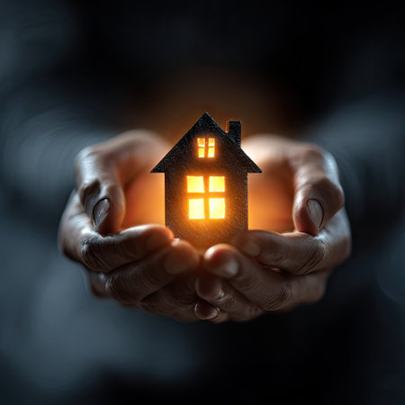 Glowing miniature house held tenderly in dark hands, symbolizing warmth and homeの素材