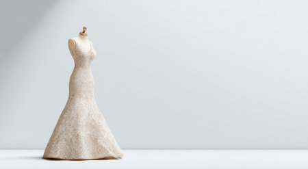 A delicate white lace gown displayed on a mannequin against a blank, bright backdropの素材