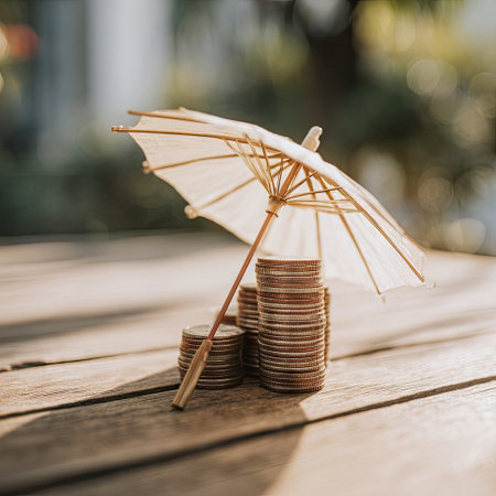 Small white parasol shields stacks of coins on a wooden surface, suggesting protectionの素材