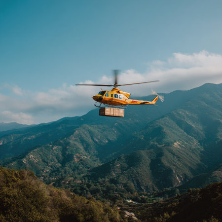 A yellow helicopter transports cargo over rugged mountain terrain under a clear, blue skyの素材