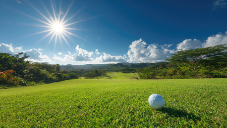 Golf ball on green, sunny day, with course leading to distant hills under blue skyの素材