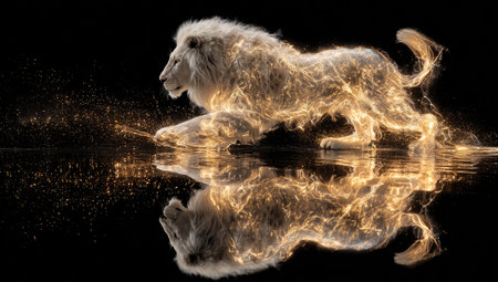 A majestic white lion, formed from glowing particles, gracefully treads water, with reflectionの素材