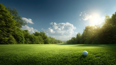 Golf course vista, bright sun, blue sky, green grass, trees line the fairway, ball in foregroundの素材