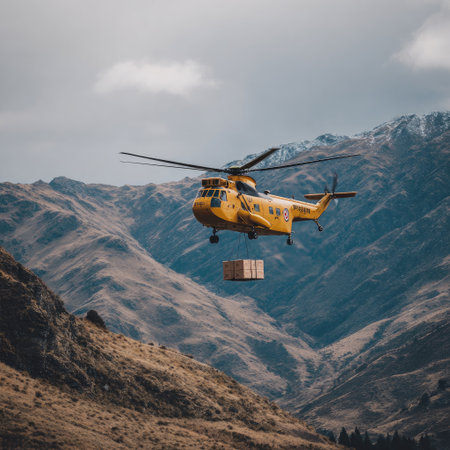 A yellow aircraft transports cargo over rugged mountains under a cloudy skyの素材