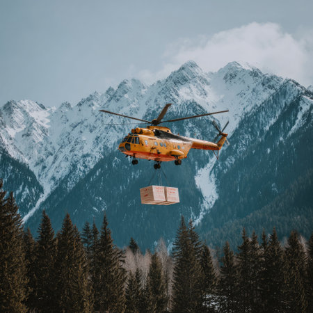A yellow helicopter, with boxes, flies before snow-covered mountains. Evergreen forest belowの素材