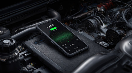 Smartphone wirelessly charging on a rugged case against a car engineの素材