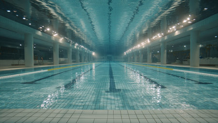 Indoor, empty Olympic-sized pool with rippled reflections on the water surfaceの素材