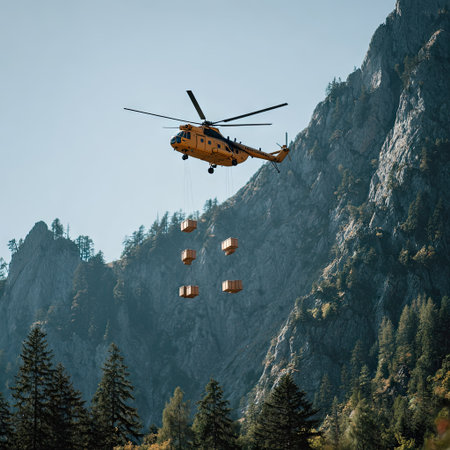A yellow helicopter transports boxes over a mountain range on a clear, sunny dayの素材