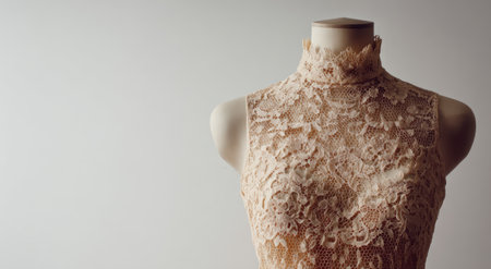 A delicate lace dress form, showcasing intricate floral pattern on a neutral backdropの素材