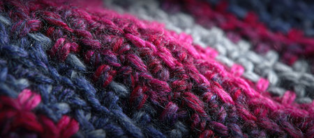 Close-up of knitted fabric in varying shades of pink, blue, grey, and red, showing textureの素材