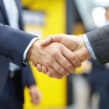 Close-up of two men's hands shaking, signifying agreement, in a business settingの素材