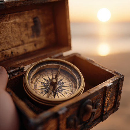 A hand holds a treasure chest with a compass inside; ocean sunset in backgroundの素材