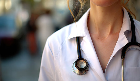Close-up of a medical professional&#39;s upper body, stethoscope draped, outdoorsの素材