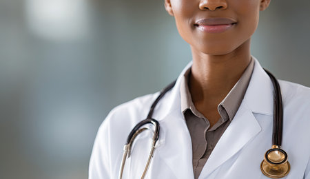 Smiling Black healthcare professional in white coat with stethoscope, partial viewの素材