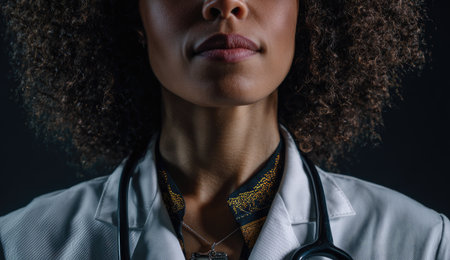 Portrait of a Black woman doctor with curly hair and a stethoscope, close upの素材