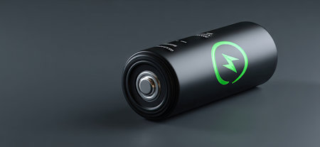 A sleek black cylindrical battery with a glowing green power symbol, angled on a gray surfaceの素材