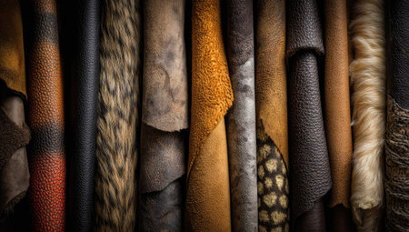 Diverse leather swatches hang closely, displaying varying textures, colors, and patternsの素材
