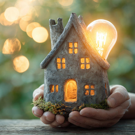 Miniature stone house model cradled in hands, lit by a glowing bulb, against a bokeh backgroundの素材