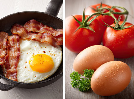 A cooked breakfast featuring bacon, egg, and tomatoes. Eggs and tomatoes are freshの素材