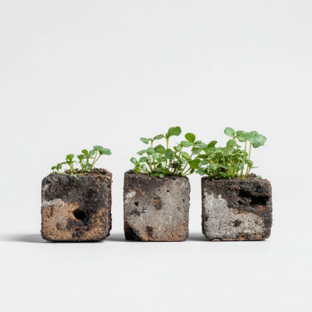 Three small plants in square, porous containers on a white backgroundの素材
