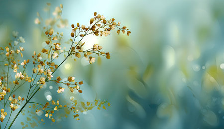 Delicate, light-dappled sprig of tiny, dried yellow flowers against a soft, teal-green backdropの素材