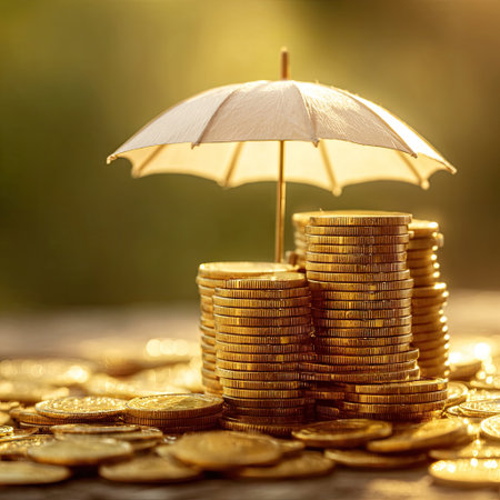 Golden coins stacked under a miniature umbrella, suggesting financial protection and securityの素材
