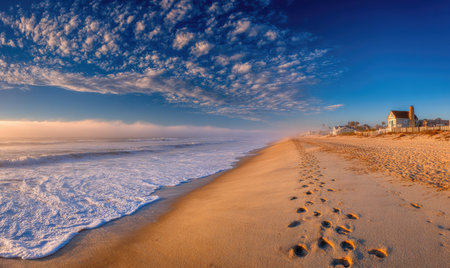 Golden beach scene with footprints, ocean waves, a quaint house, and a cloudy skyの素材