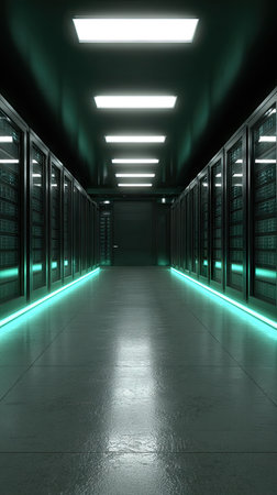 Long, modern server room hallway with glowing lights and rows of equipmentの素材