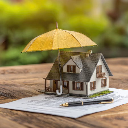 A miniature house protected by an umbrella on a wooden surface with a document and penの素材
