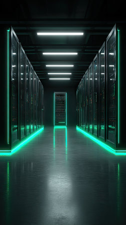 A data center hallway with rows of servers, green neon lighting, and reflective floorの素材