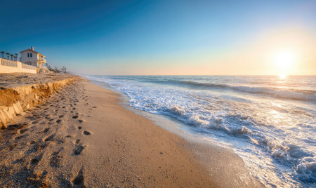 Sandy beach at sunrise, waves gently lapping the shore next to a house. Footprintsの素材