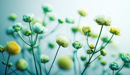 Close-up of delicate, small white and yellow flowers with green buds and thin stemsの素材