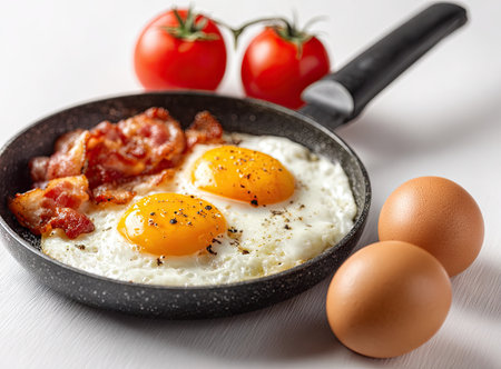 Close-up of cooked eggs and bacon in a pan, with tomatoes and raw eggsの素材