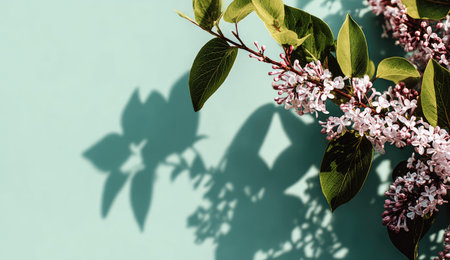 Floral arrangement with pink blossoms and green leaves, casting a shadow on a light blue backdropの素材
