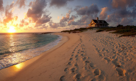 Coastal scene. Footprints lead toward a beach house as the sun sets over the oceanの素材