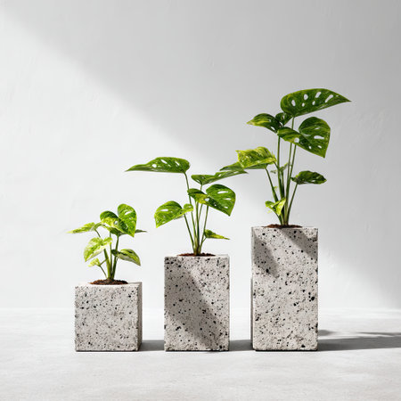 Three potted plants in modern square cement pots, illuminated by natural lightの素材