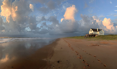 Panoramic shot of a beach house on a sandy beach under a dramatic, cloudy skyの素材
