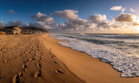 Sandy beach at sunrise, footprints on the sand, waves, buildings in background under cloudy skyの素材