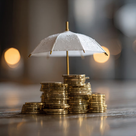 A miniature umbrella protects stacks of gold coins from rain, against a blurred, bokeh backdropの素材