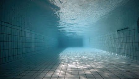 Underwater view of a tiled swimming pool, showcasing the floor, walls, and light reflectionsの素材