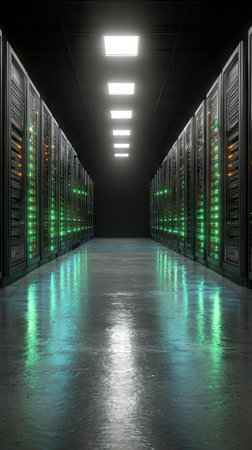 Server room with rows of blinking, glowing racks down a hall with overhead lightsの素材