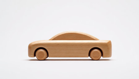 A light-colored, wooden toy car, side view, sitting on a plain white backgroundの素材