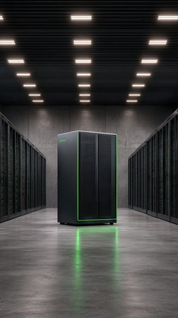 A server, illuminated green, stands centered between racks in a data center hallwayの素材