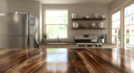 A kitchen interior with a polished wood surface in the foreground and blurry backgroundの素材