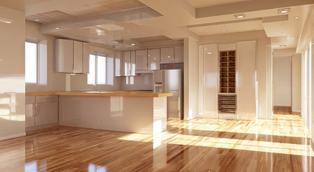 Interior render of a modern, open-concept kitchen/living space with polished wood floorsの素材