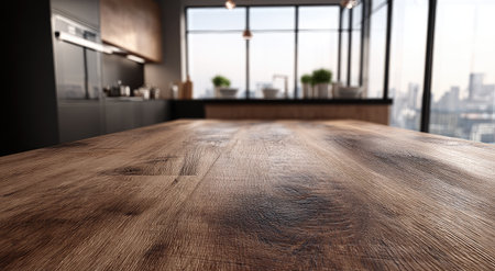 Rustic wooden table in a modern kitchen with city view, slightly blurred backgroundの素材