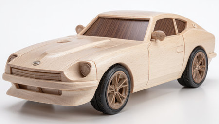 A detailed wooden replica of a classic sports car, featuring woodgrain and realistic detailingの素材