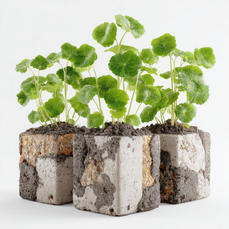 Three round-leafed plants sprout from cube-shaped concrete planters, white backgroundの素材