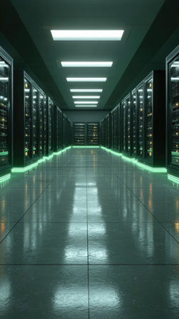 Long, symmetrical data center hallway with servers lining the walls, illuminated by bright lightsの素材